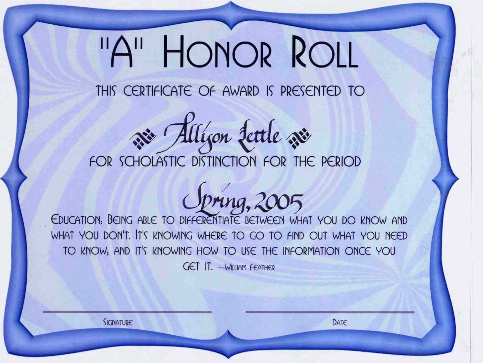 Free Printable A Honor Roll Certificates We Are Happy To Offer Honor