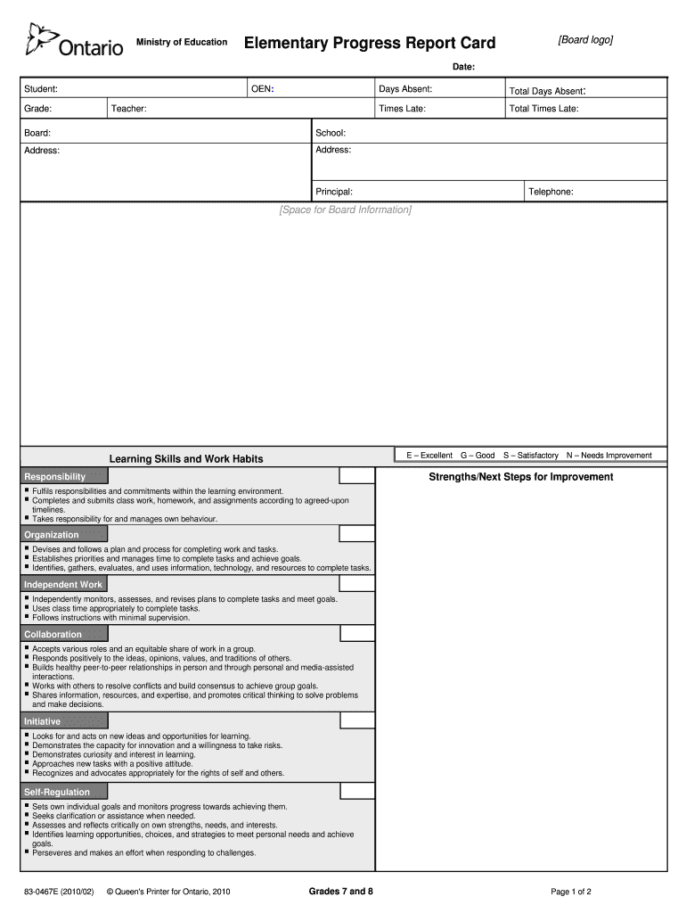 Progress Reports Ontario – Fill Online, Printable, Fillable Inside Blank Report Card Template
