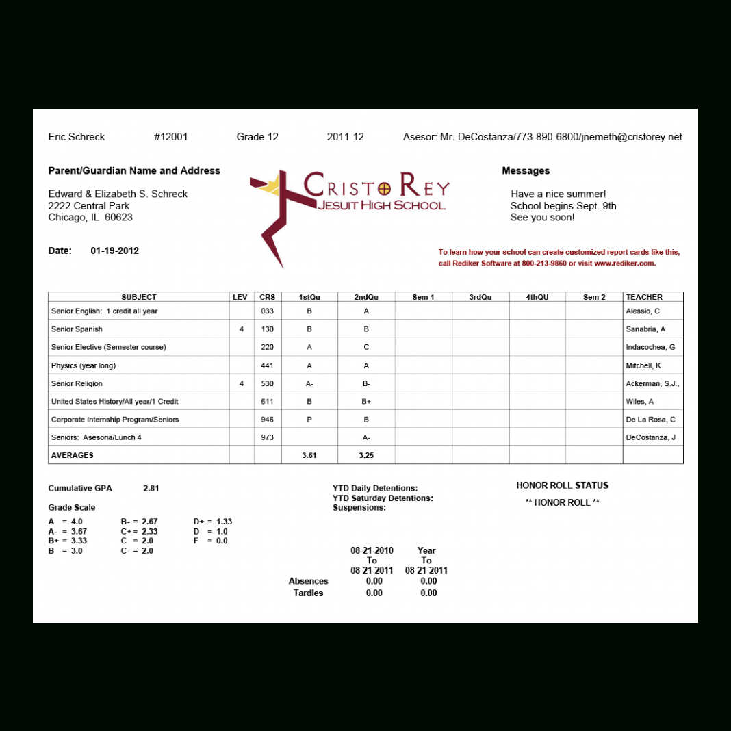 Report Card Template College Cristo Rey High School 4Web With College Report Card Template