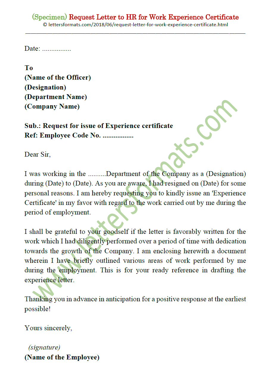 Request Letter To Boss/hr For Work Experience Letter/certificate Throughout Template Of Experience Certificate