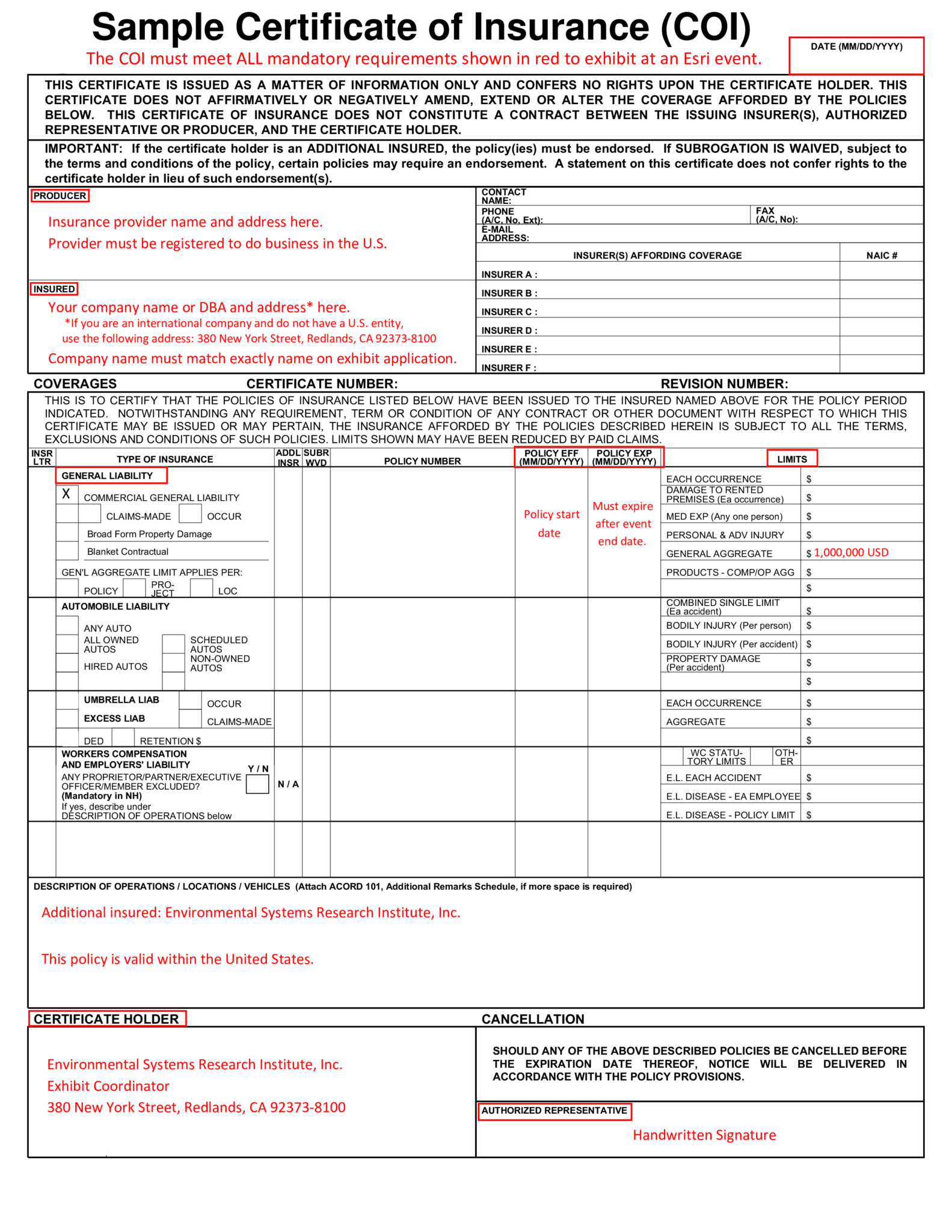 Sample Certificate Of Insurance (Coi) Templates At Throughout