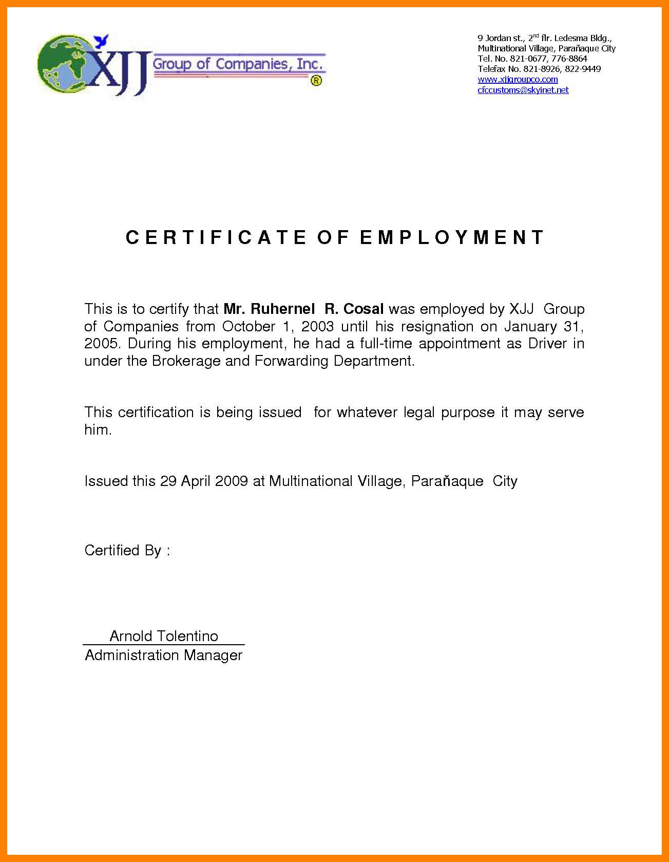 Sample For Certificate Of Employment – Tunu.redmini.co For Sample Certificate Employment Template