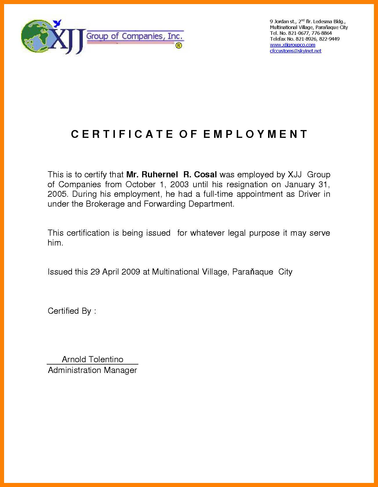 Sample For Certificate Of Employment – Tunu.redmini.co Regarding Employee Certificate Of Service Template