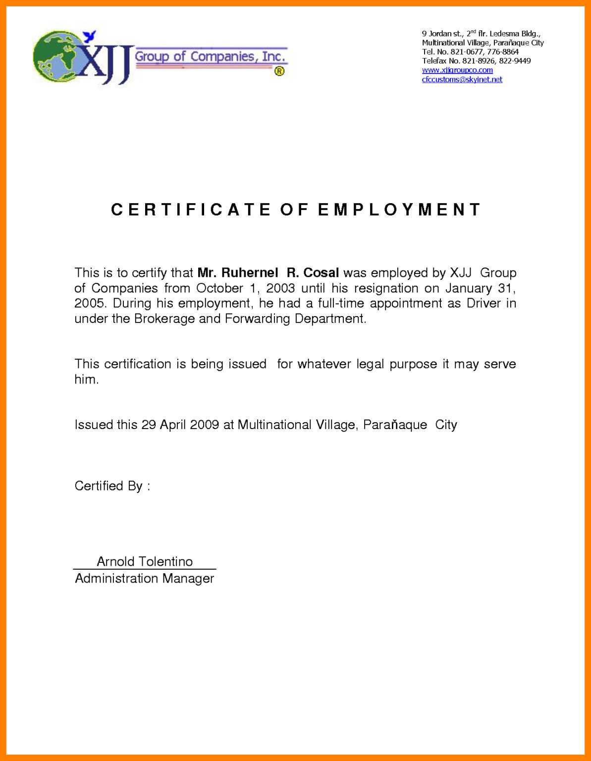Sample For Certificate Of Employment Tunu redmini co Throughout