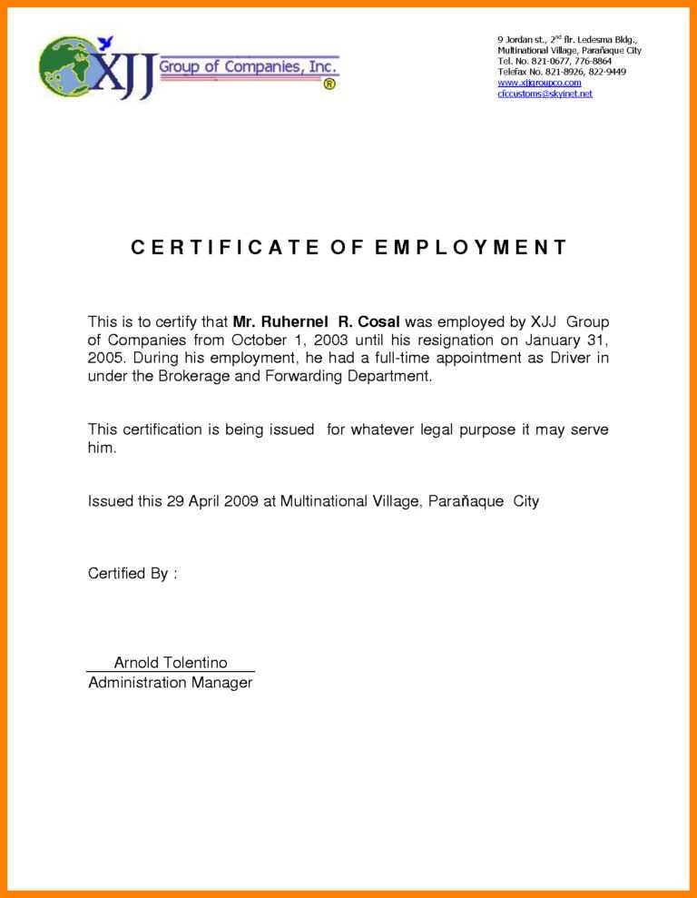 Sample For Certificate Of Employment Tunu.redmini.co Throughout