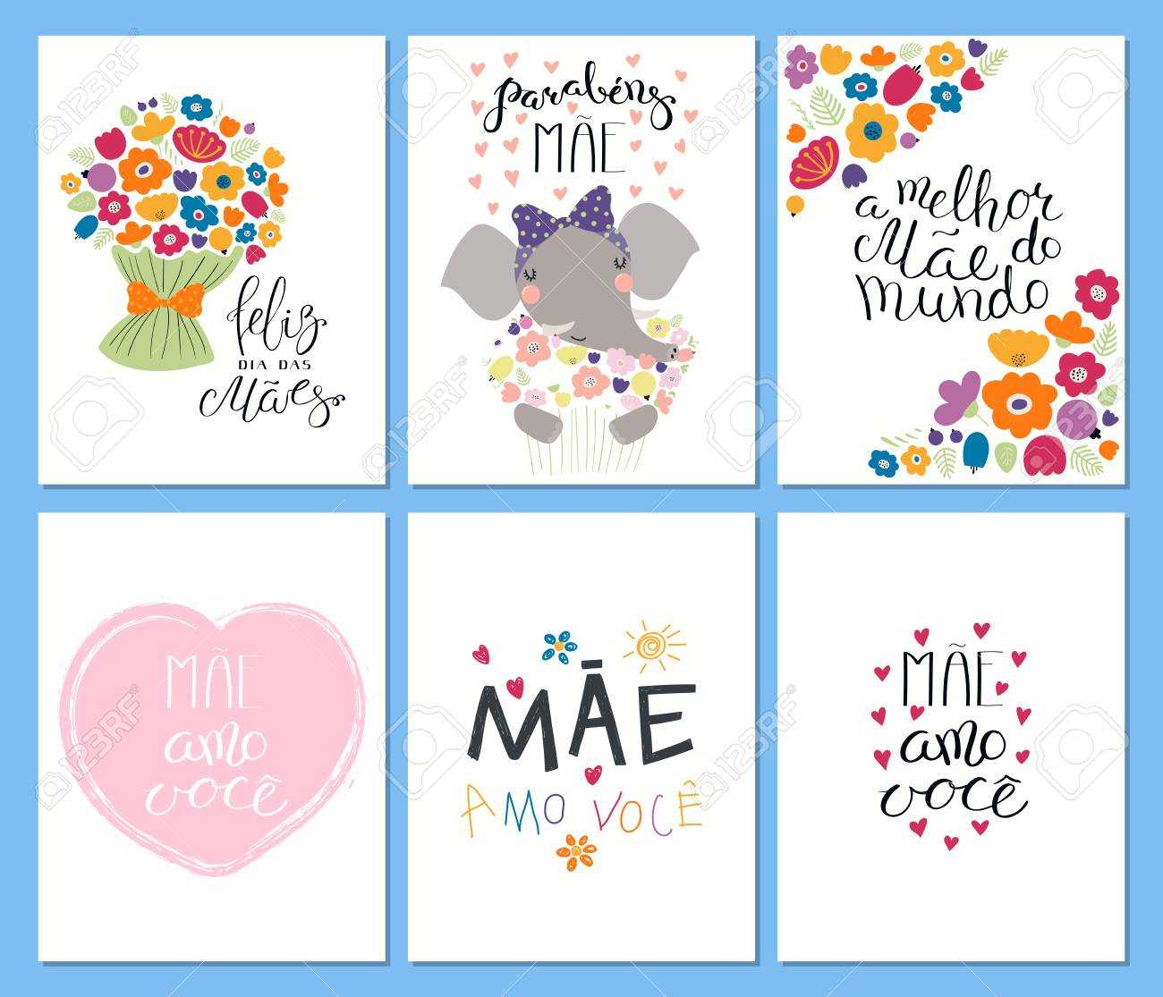 Set Of Mother's Day Cards Templates With Quotes In Portuguese Pertaining To Mothers Day Card Templates