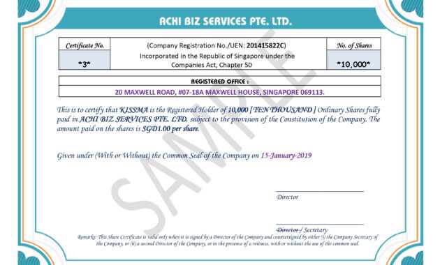 Share Certificate In Singapore ~ Achibiz within Share Certificate Template Companies House