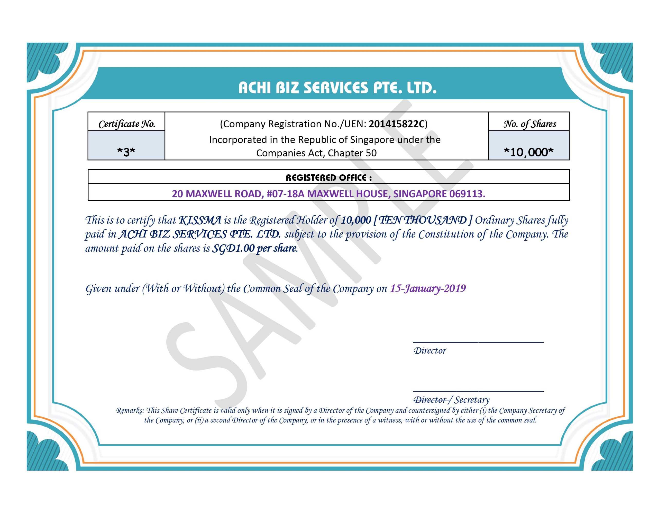 Share Certificate In Singapore ~ Achibiz Within Share Certificate Template Companies House