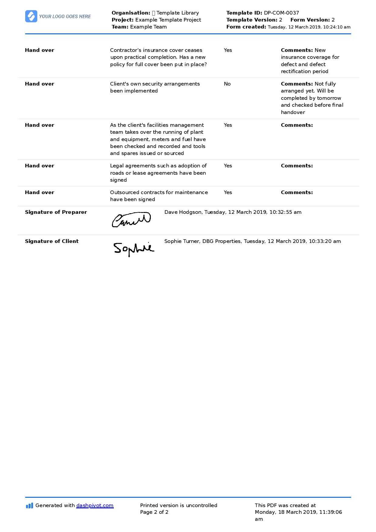 Site Handover Letter: Handover Letter To Client Or With Handover Certificate Template