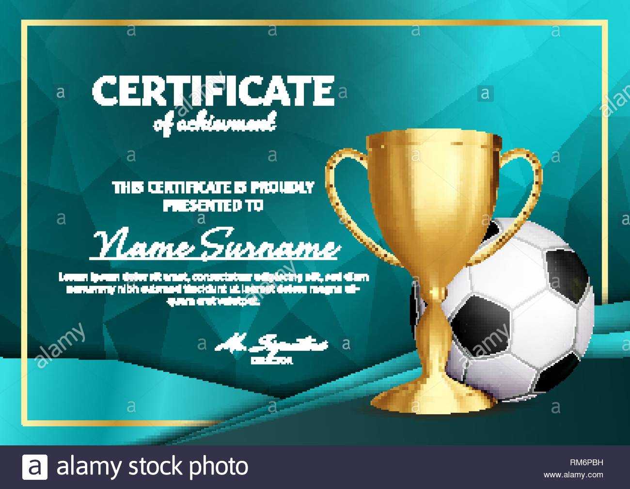 Soccer Certificate Diploma With Golden Cup Vector. Football In Soccer Certificate Template
