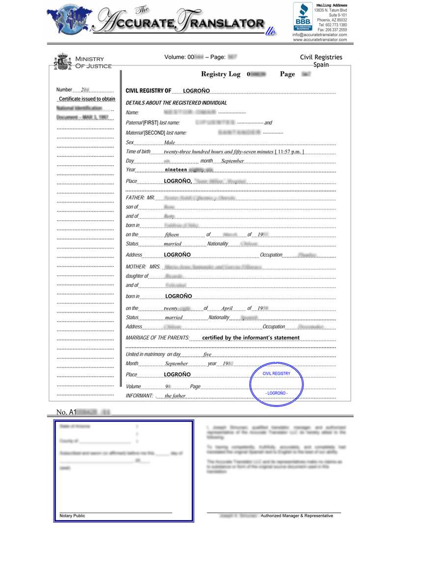 Spanish Birth Certificate Translation Throughout Spanish To English Birth Certificate Translation Template