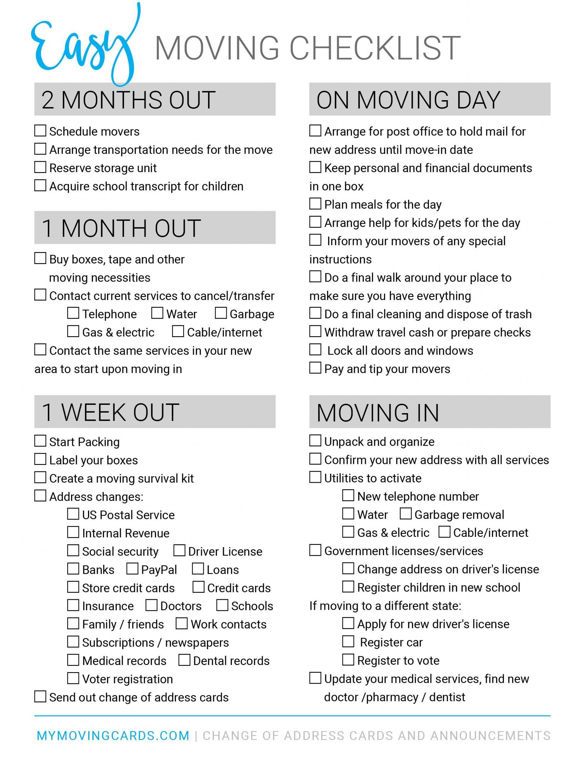 Spreadsheet Moving House Checklist Free Printable Download Pertaining To Moving House Cards Template Free