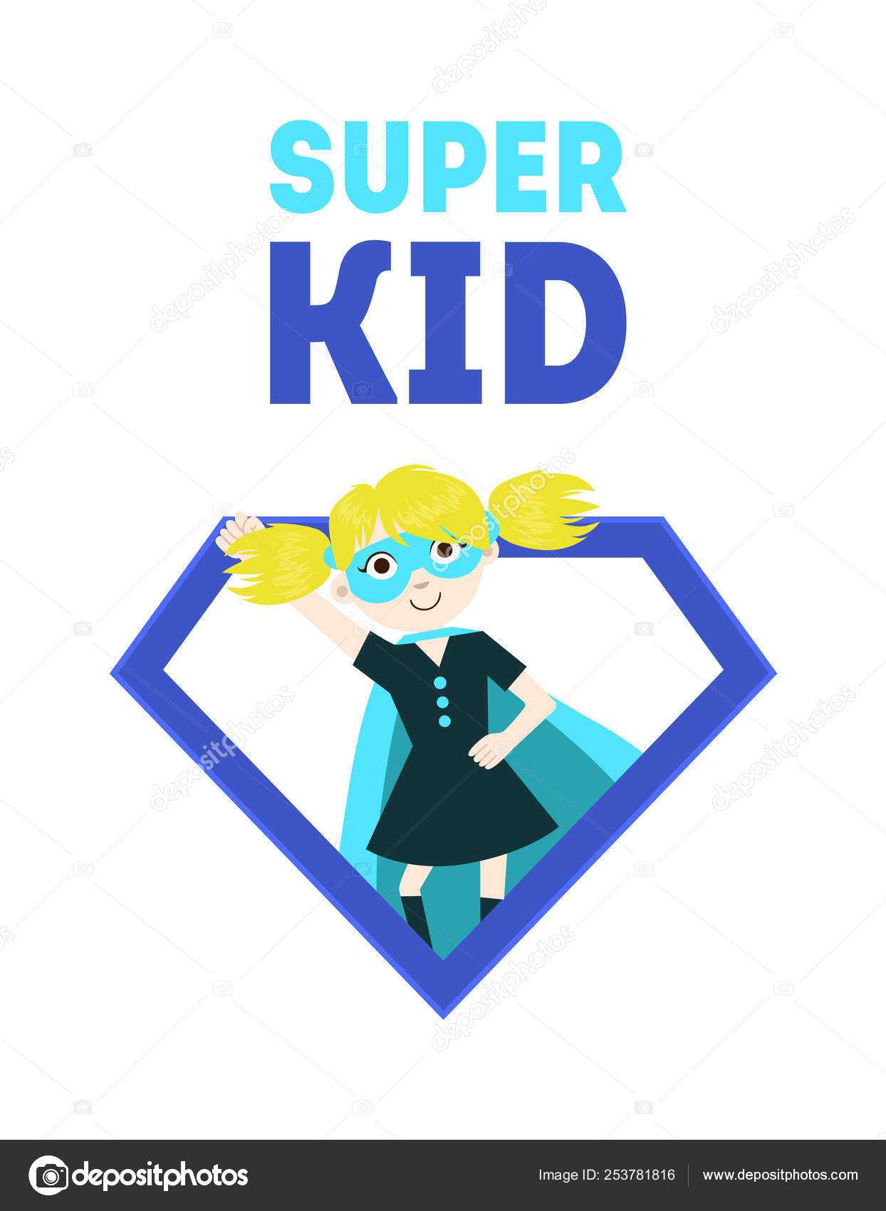 Super Kid Banner, Cute Girl In Superhero Costume And Mask In Superhero Birthday Card Template