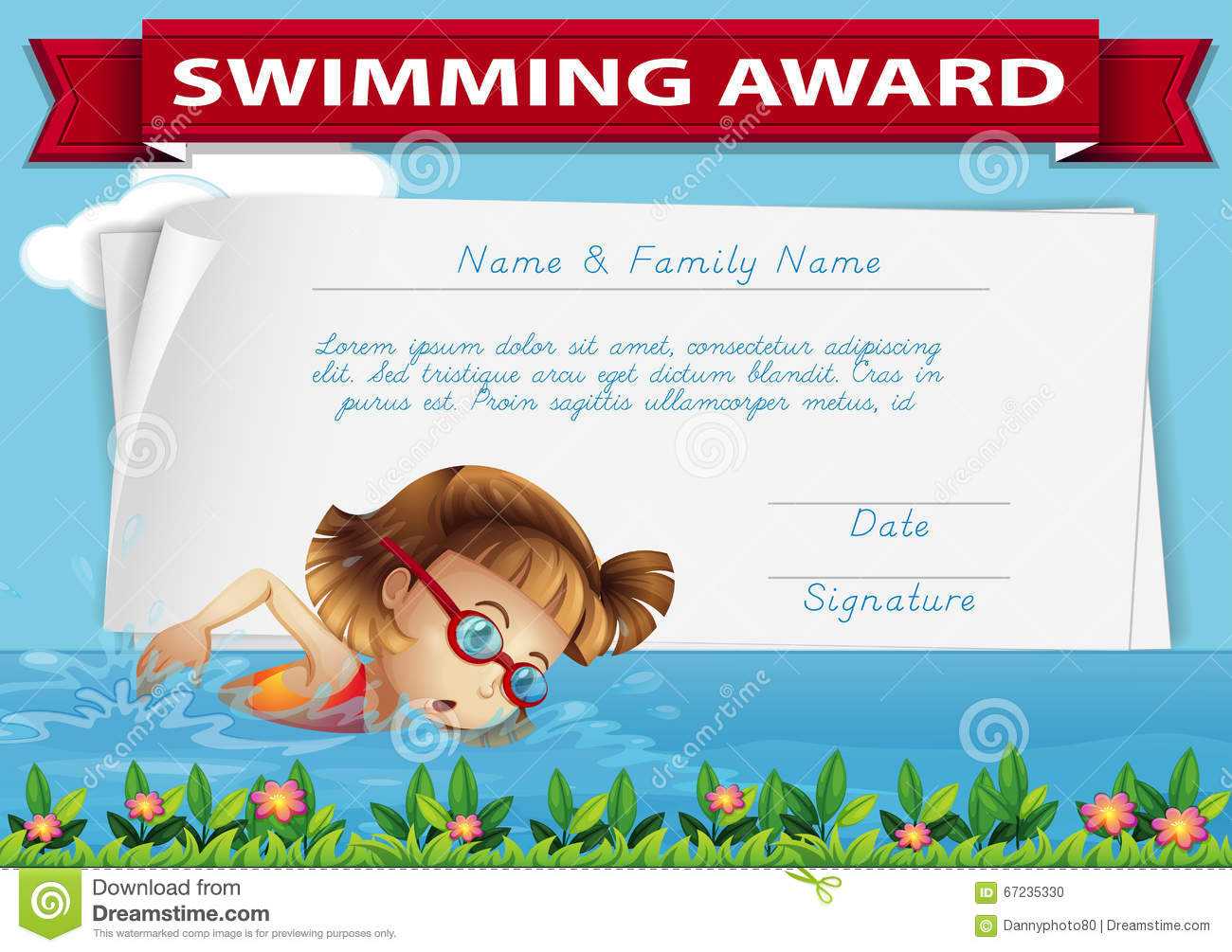 Template Certificate Swimming Award Stock Illustrations – 17 Regarding Free Swimming Certificate Templates