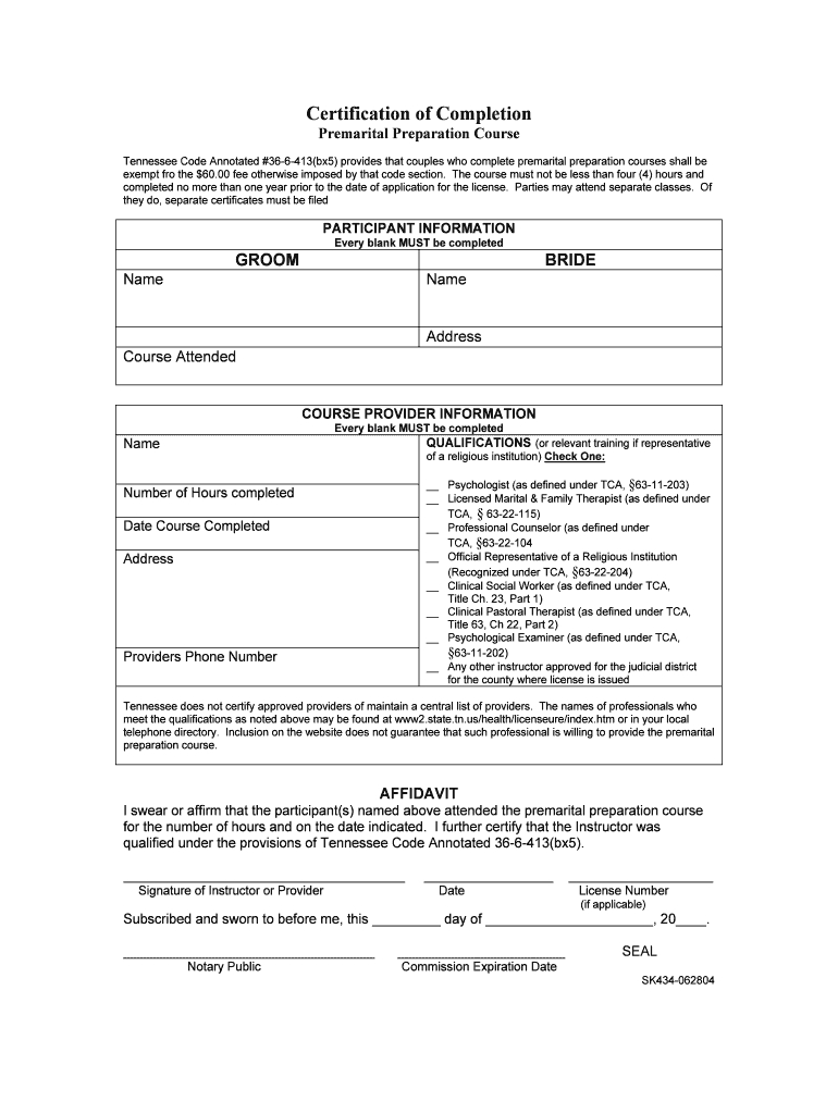 Tennessee Pre Marital Counseling Certificate – Fill Online For Premarital Counseling Certificate Of Completion Template