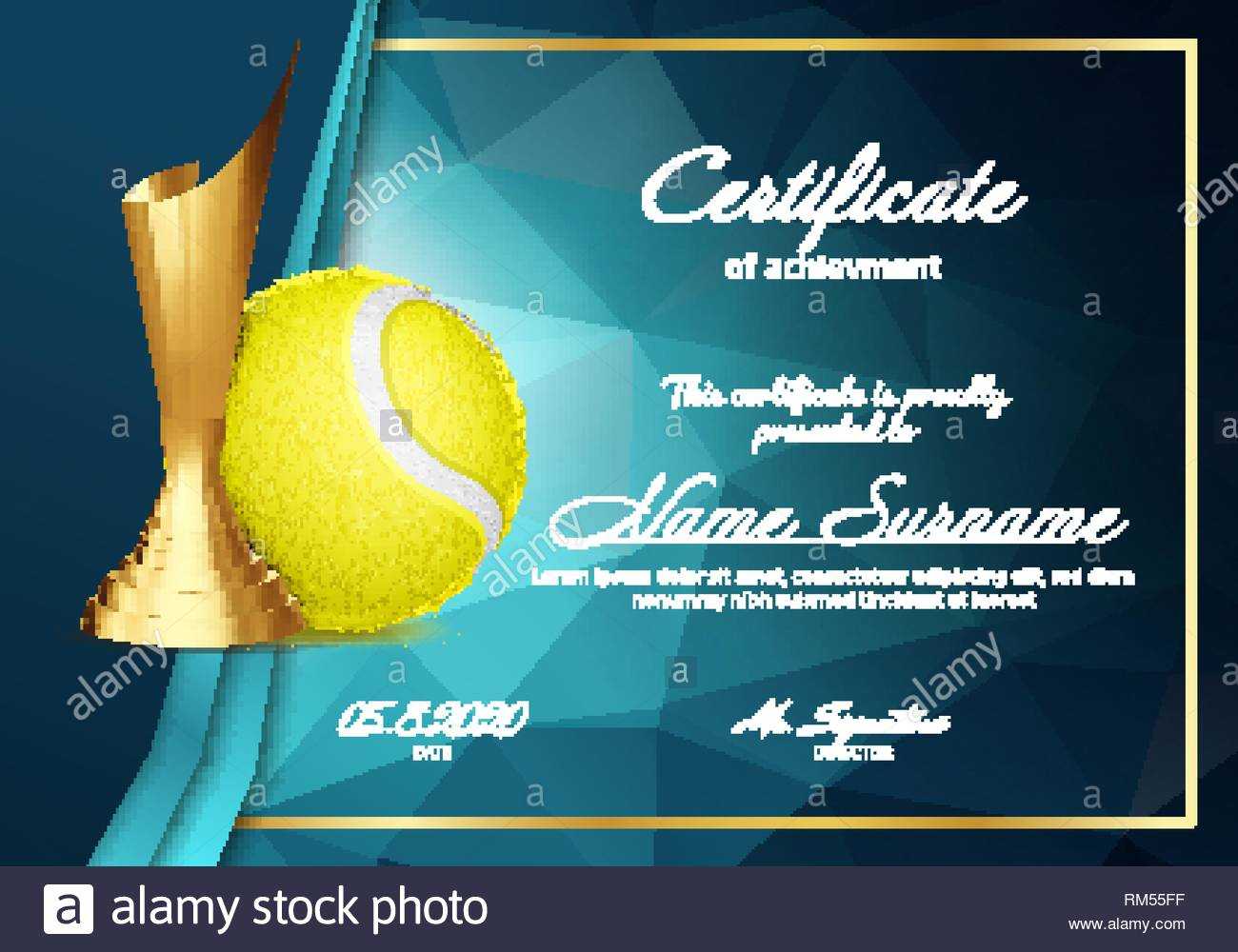Tennis Certificate Diploma With Golden Cup Vector. Sport In Tennis Gift Certificate Template