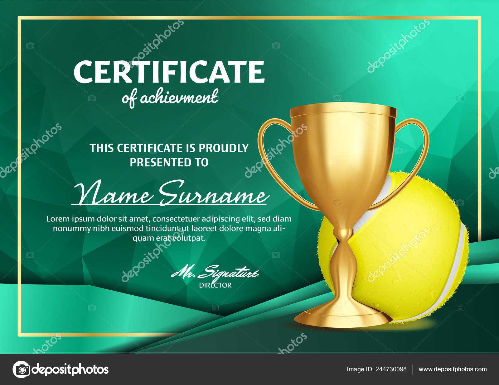 Tennis Certificate Diploma With Golden Cup Vector. Sport Within Tennis Certificate Template Free