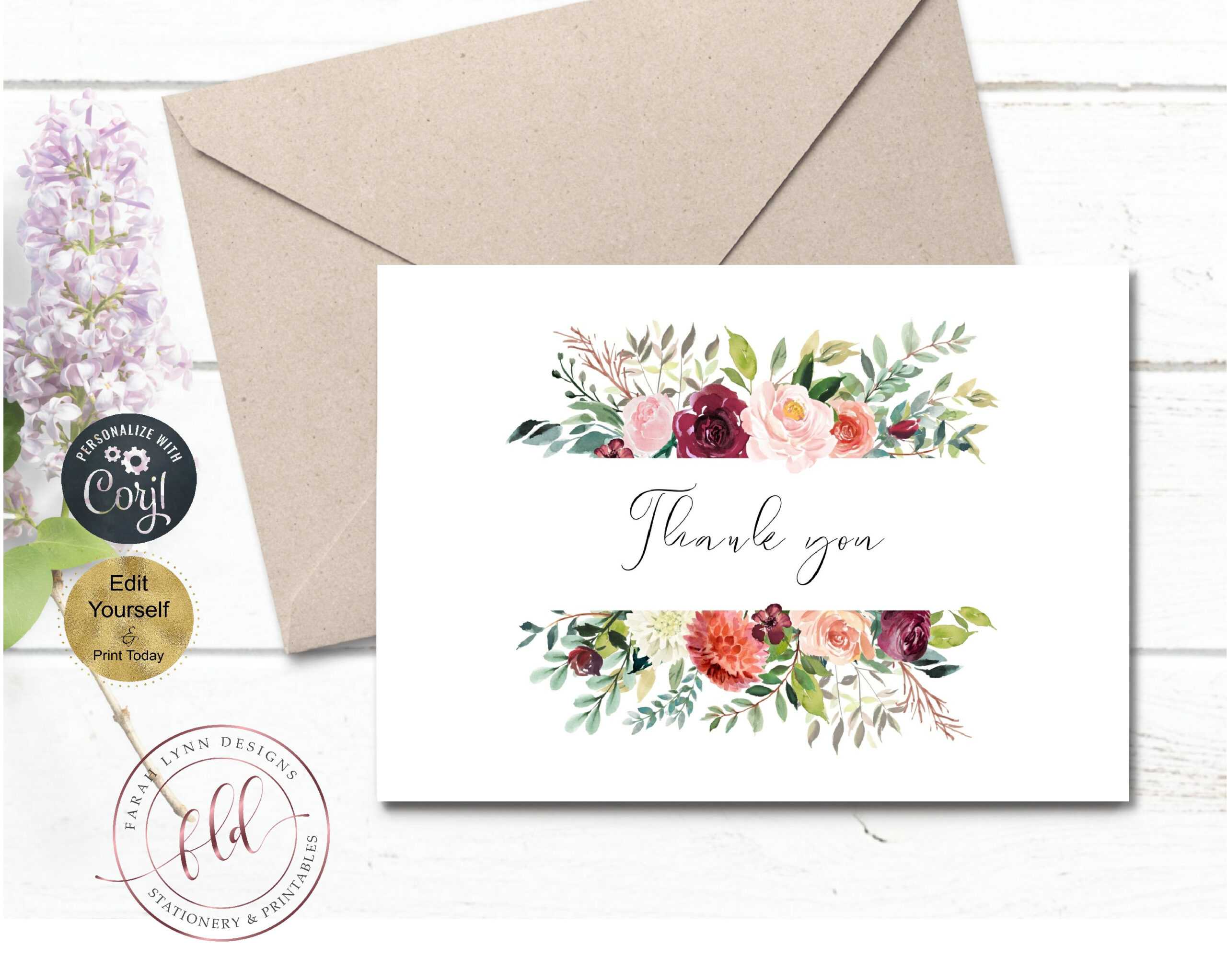 Thank You Note Card Template, Printable Fall Florals Wedding Intended For Thank You Note Card Template