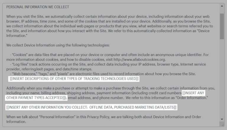 Credit Card Privacy Policy Template