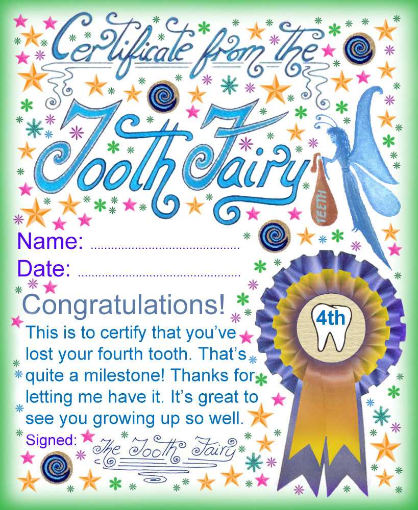 Tooth Fairy Certificate: Award For Losing Your Fourth Tooth In Free Tooth Fairy Certificate Template
