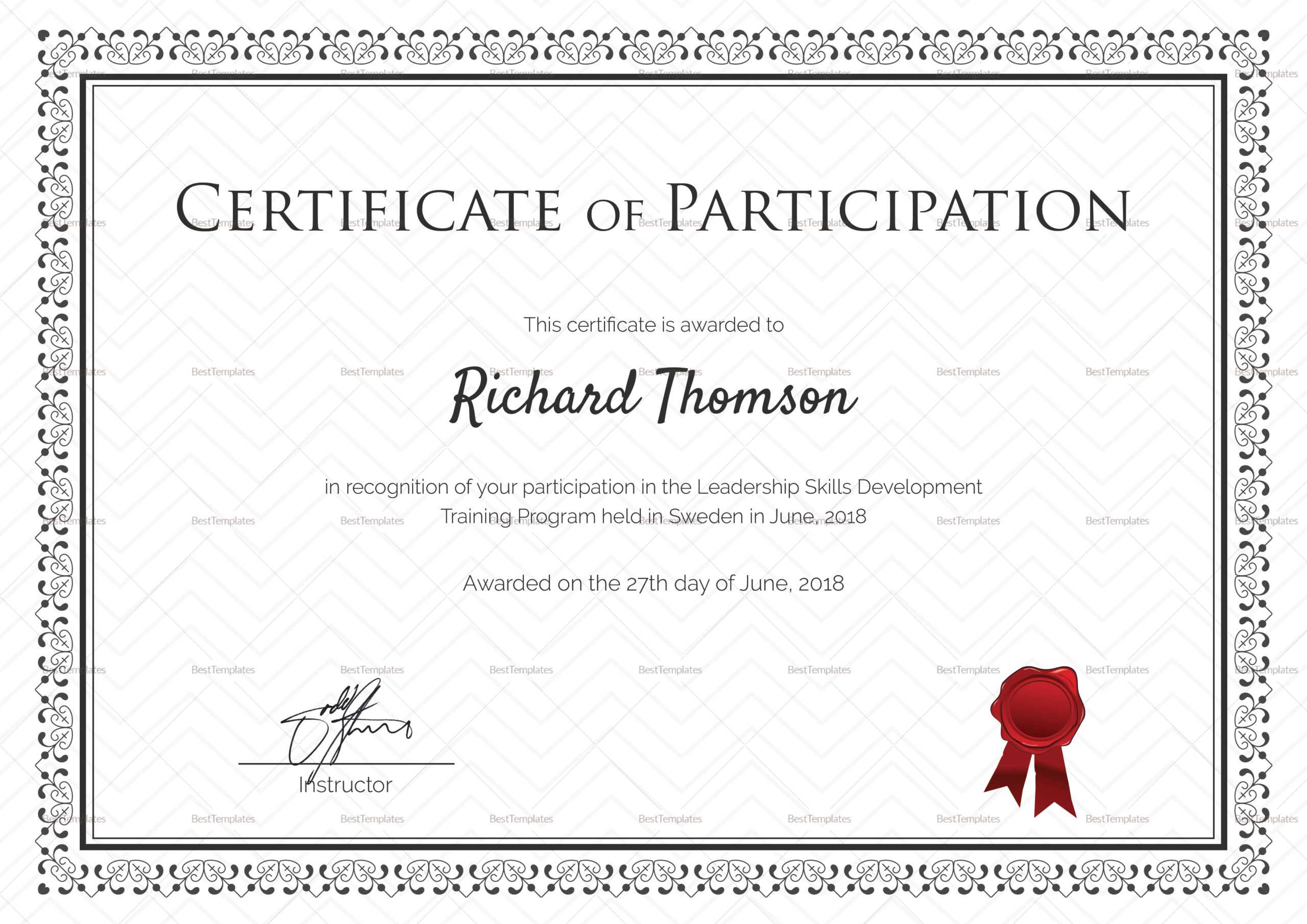 Training Participation Certificate Template With Regard To Templates For Certificates Of Participation