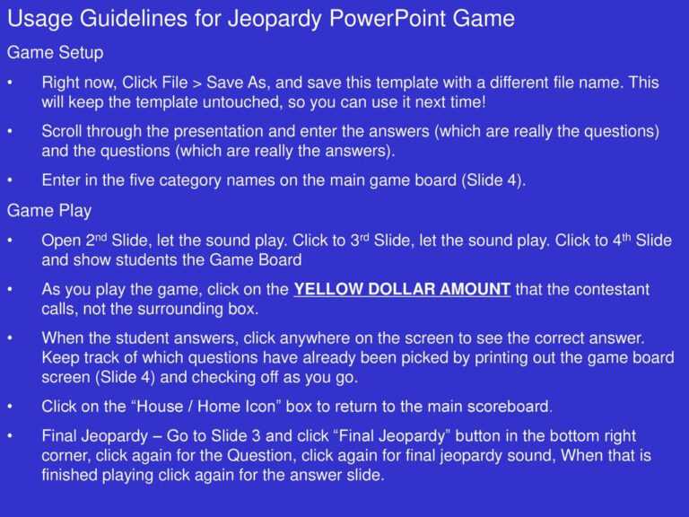 Usage Guidelines For Jeopardy Powerpoint Game Ppt Download With 