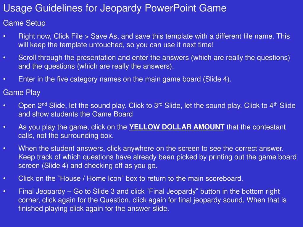 Usage Guidelines For Jeopardy Powerpoint Game – Ppt Download With Jeopardy Powerpoint Template With Score