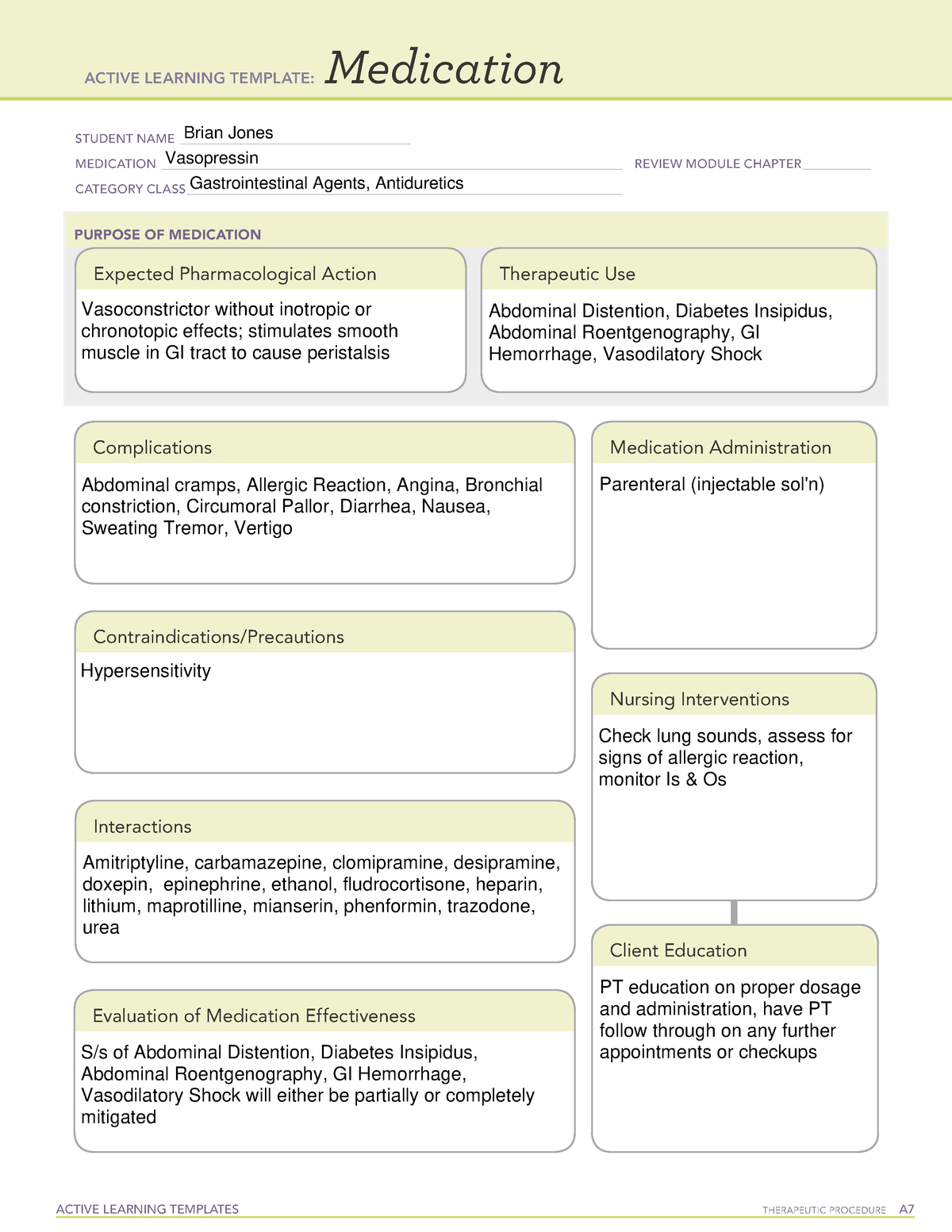 Vasopressin Med Card – Nr 291 Pharmacology I – Studocu With Regard To Medication Card Template