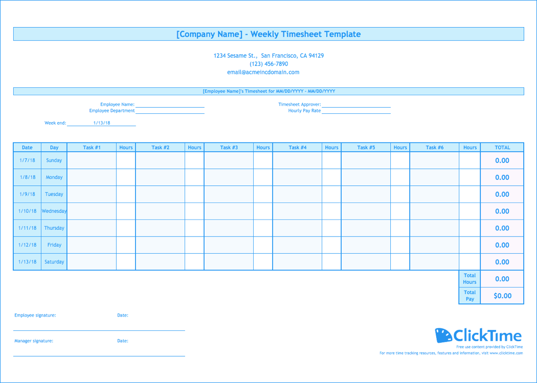 Weekly Timesheet Template | Free Excel Timesheets | Clicktime Pertaining To Weekly Time Card Template Free