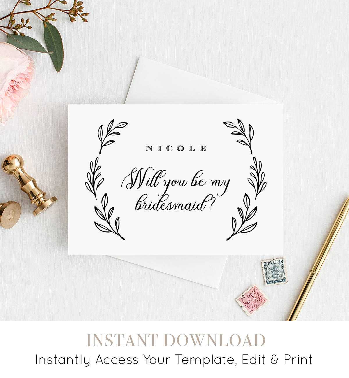 Will You Be My Bridesmaid Card, Instant Download Pertaining To Will You Be My Bridesmaid Card Template