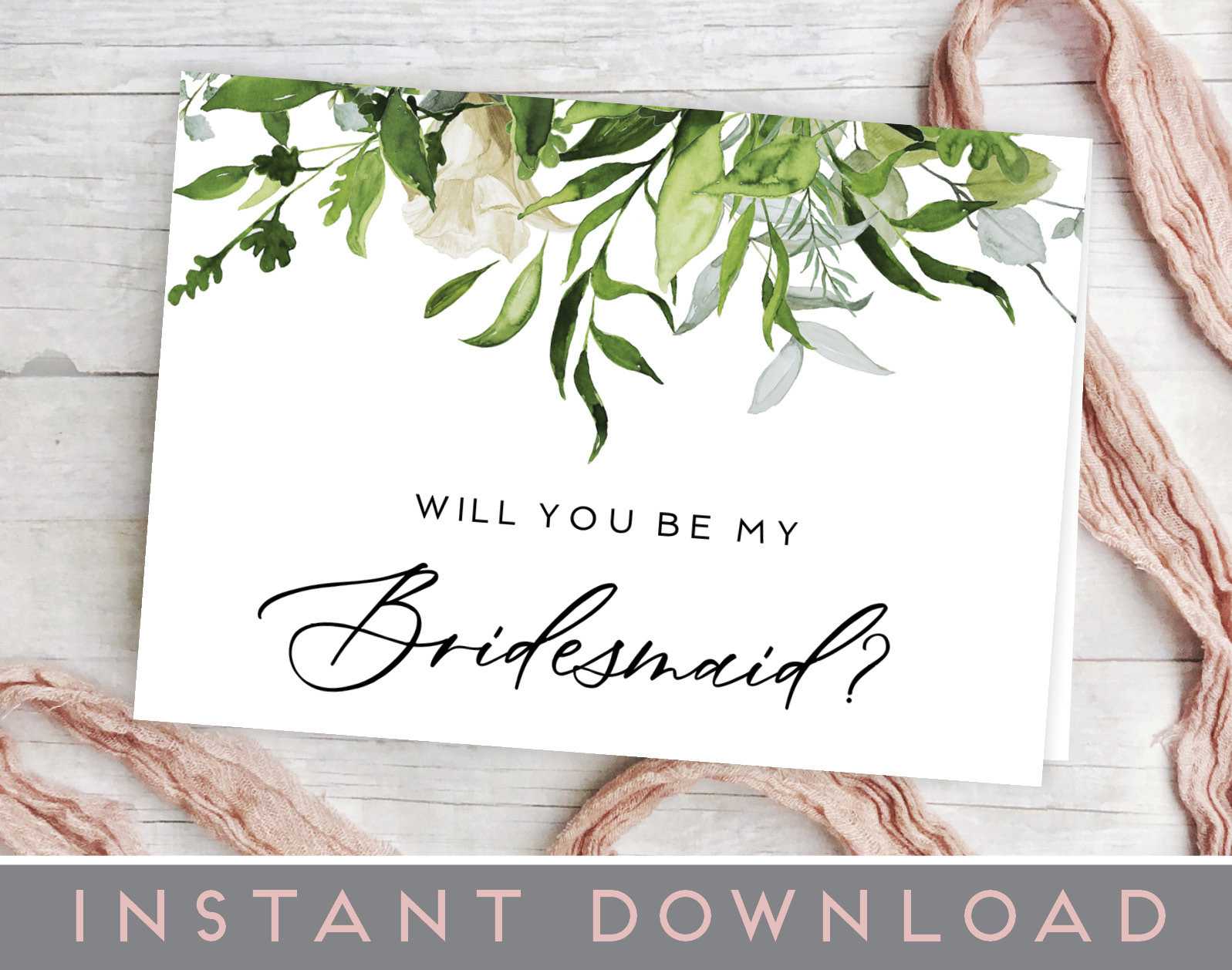 Will You Be My Bridesmaid Card, Printable Bridesmaid Card, Leaves,  Greenery, Will You Be My Bridesmaid Template, Pdf, Bridesmaid Invitation Pertaining To Will You Be My Bridesmaid Card Template