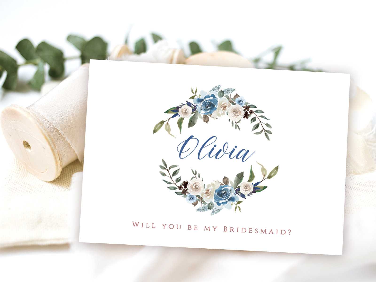 Will You Be My Bridesmaid Card With Blue And Blush Flowers, Editable  Template In Templett, Swr Intended For Will You Be My Bridesmaid Card Template