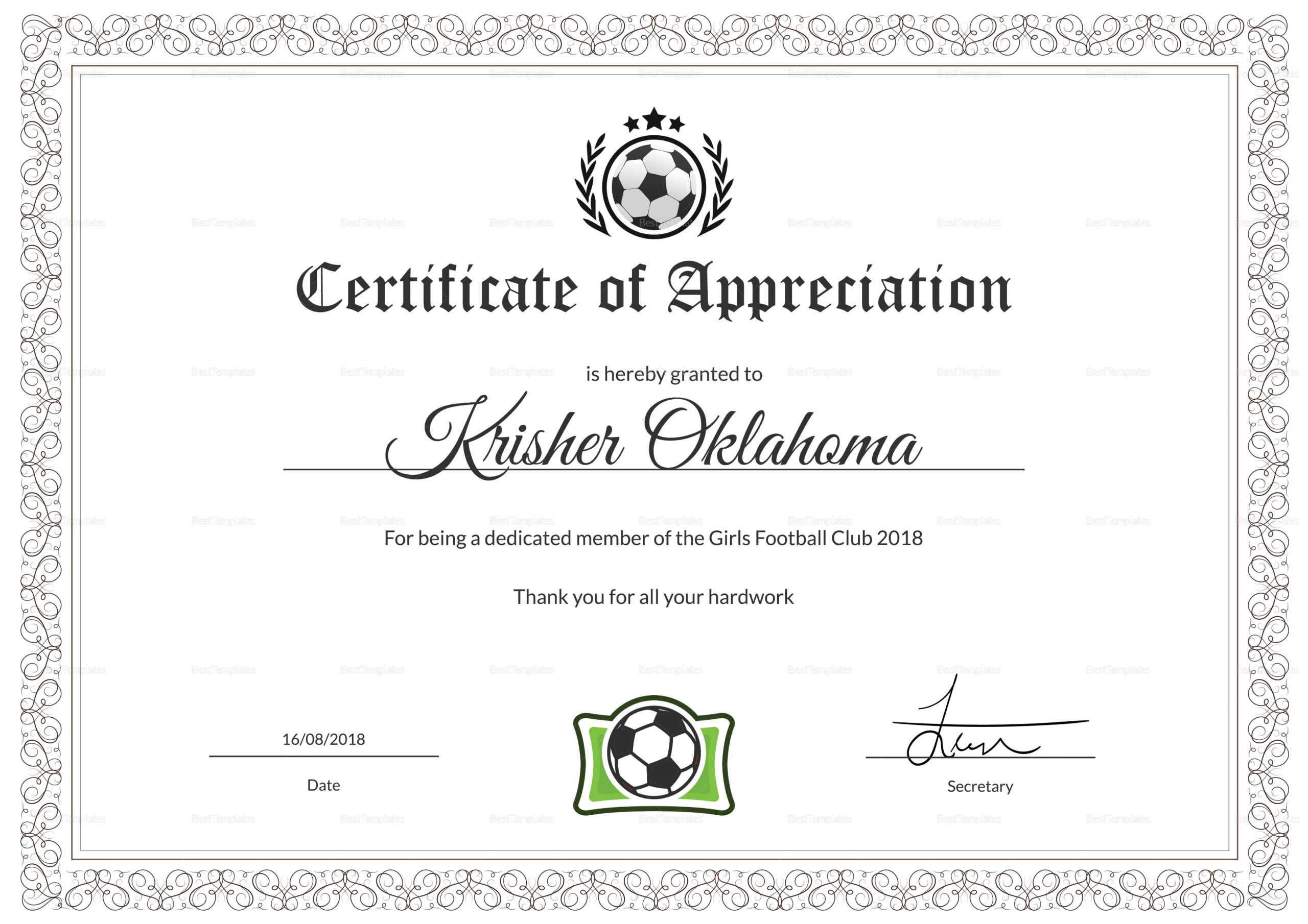 Women Football Appreciation Certificate Template With Football Certificate Template